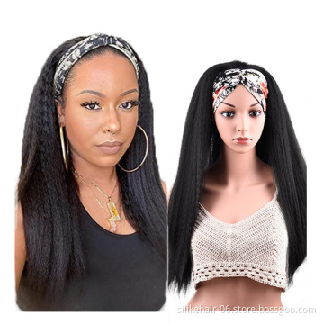 High Quality 24 Inch Black Kinky Straight Hair Headband Wig With Pre-attached Scarf Synthetic Yaki Straight Headband Wigs
